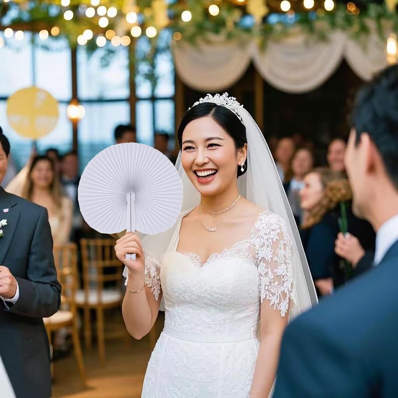 Bestage 20 Pcs White Paper Fans,Foldable Handheld Fans for Women,Round Wedding Decorative Folding Hand Fan for Bridal Guest Church Party Favors Dancing Birthday DIY - Image 3